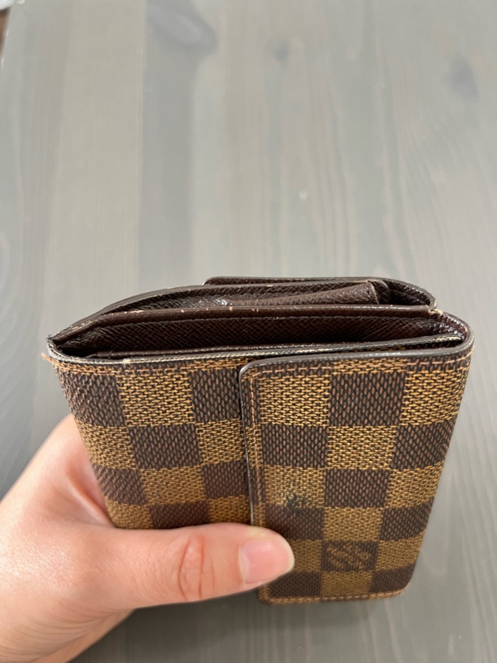 Louis Vuitton Damier Ebene Elise Trifold Wallet Brown Canvas Snap Vintage Auth - Picture 11 of 12